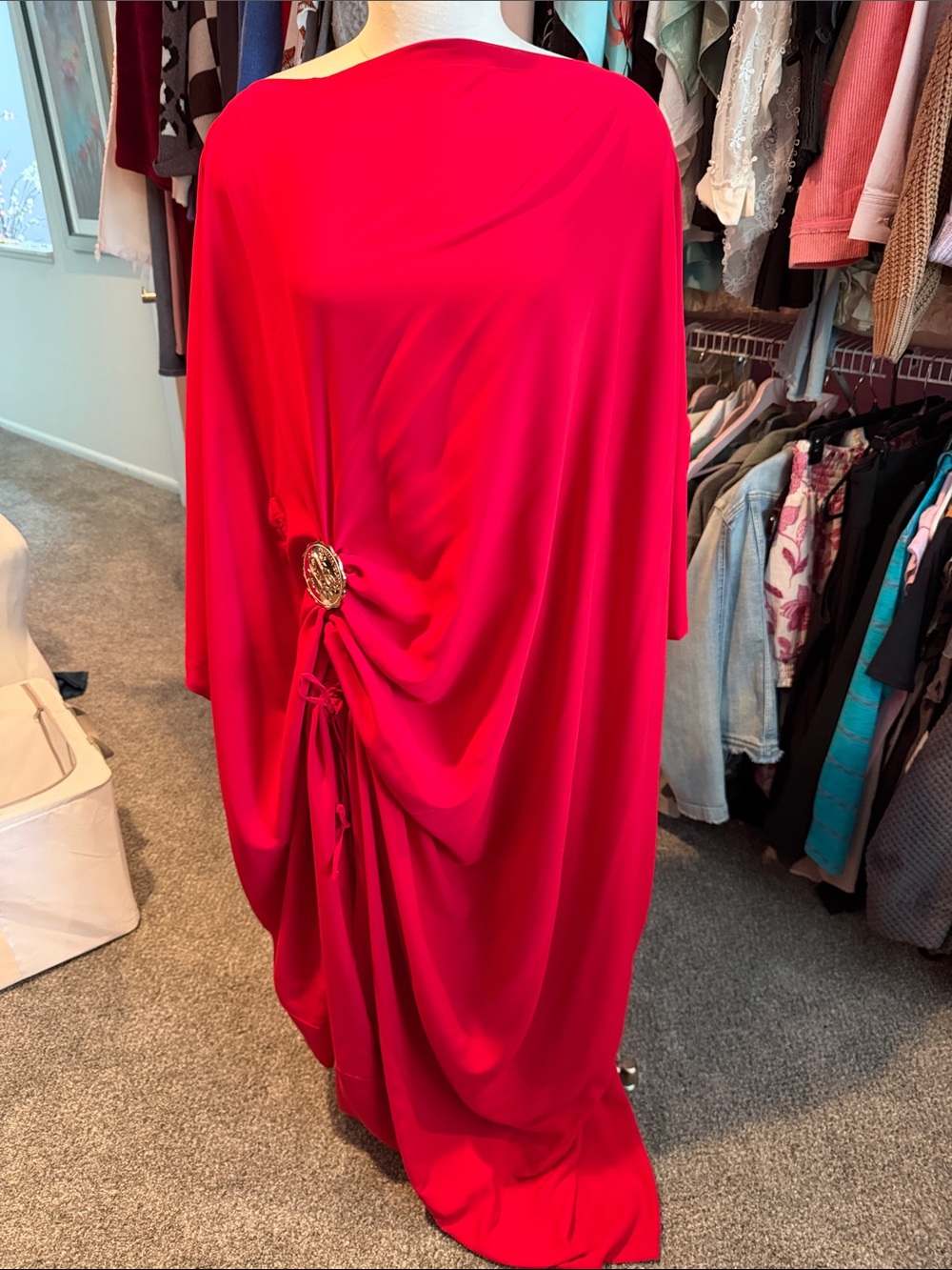 Bahari Vibrant Red Draped Maxi Dress with Decorative Brooch